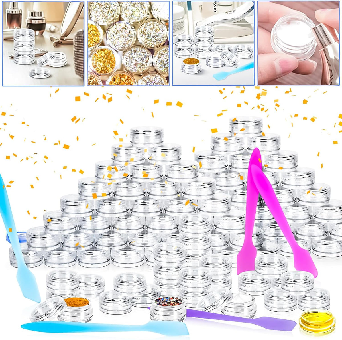 100 Pcs 3G Reusable Plastic Cosmetic Sample Jars with Lids & Spatulas