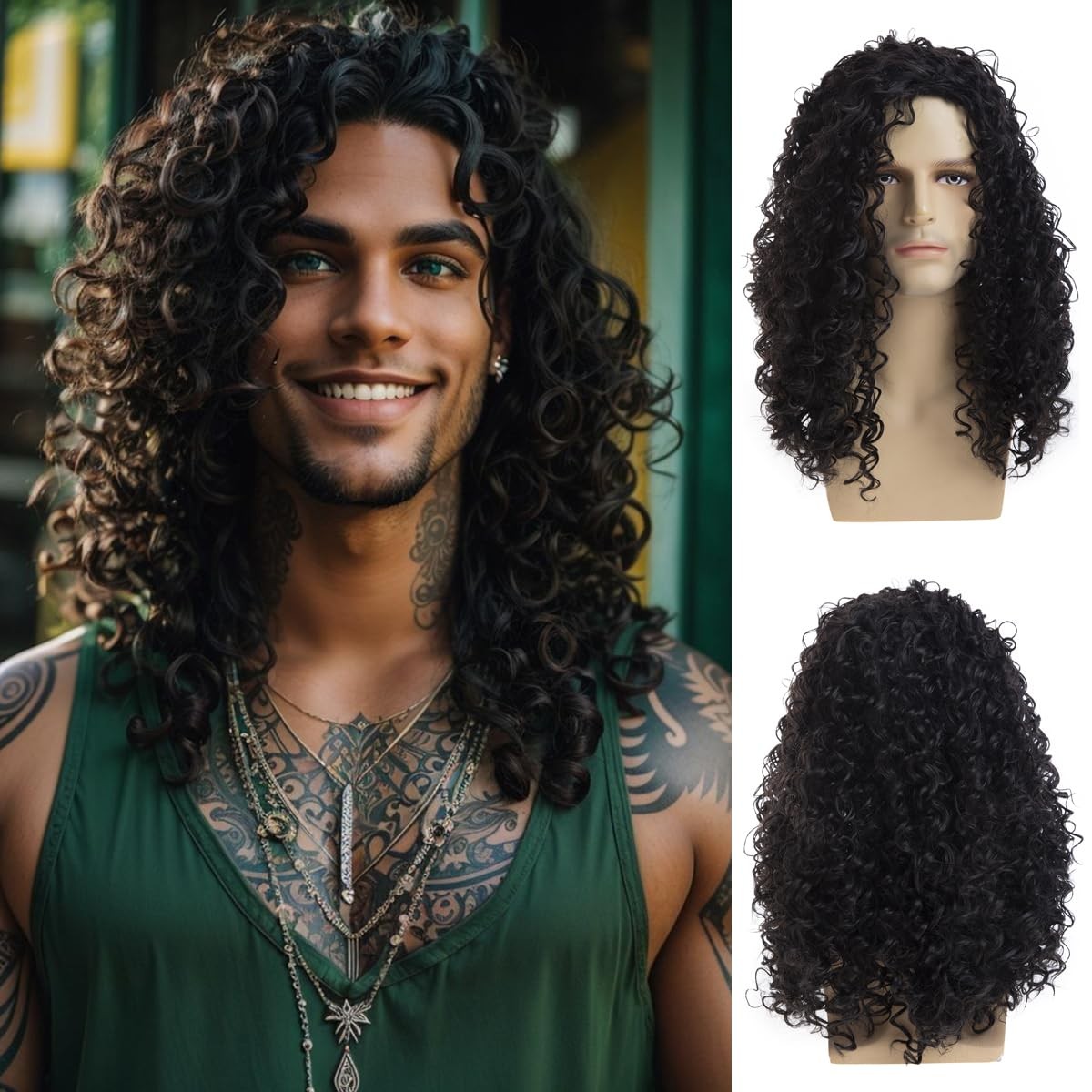 Long Curly Black Wig for Men Halloween Costume Party Cosplay