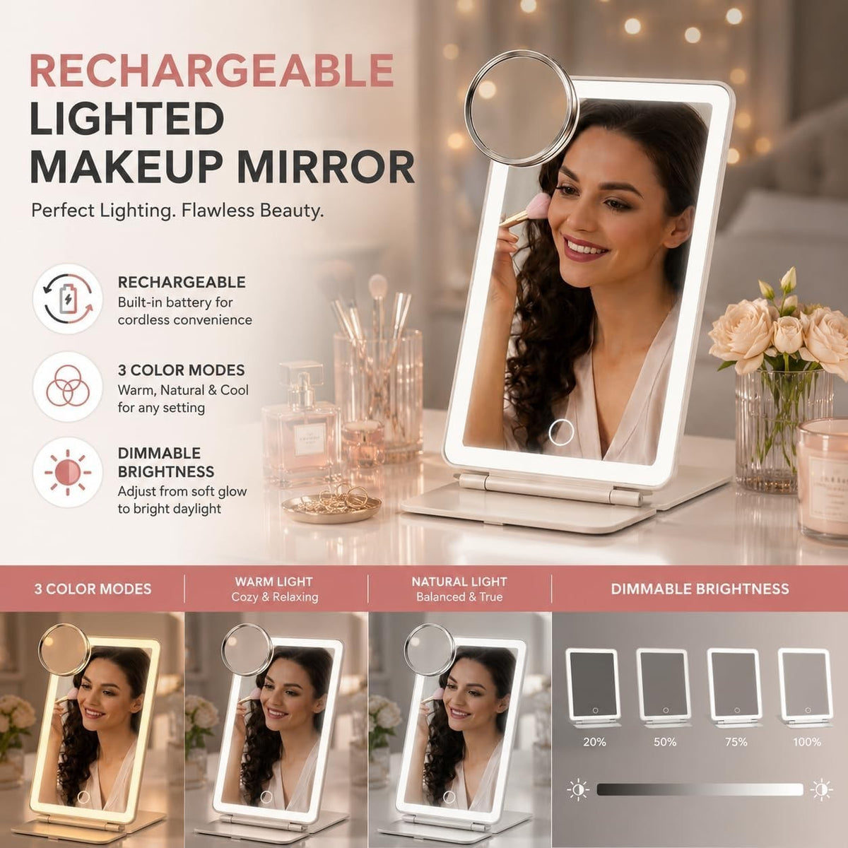 Rechargeable Travel Makeup Mirror with Lights, 10x Magnifier, 72 LEDs, 3 Color Modes