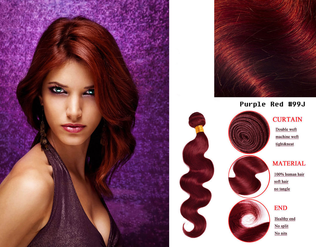 Human Hair Extensions Burgundy 99J Multiple Lengths & Textures - Full Bundle