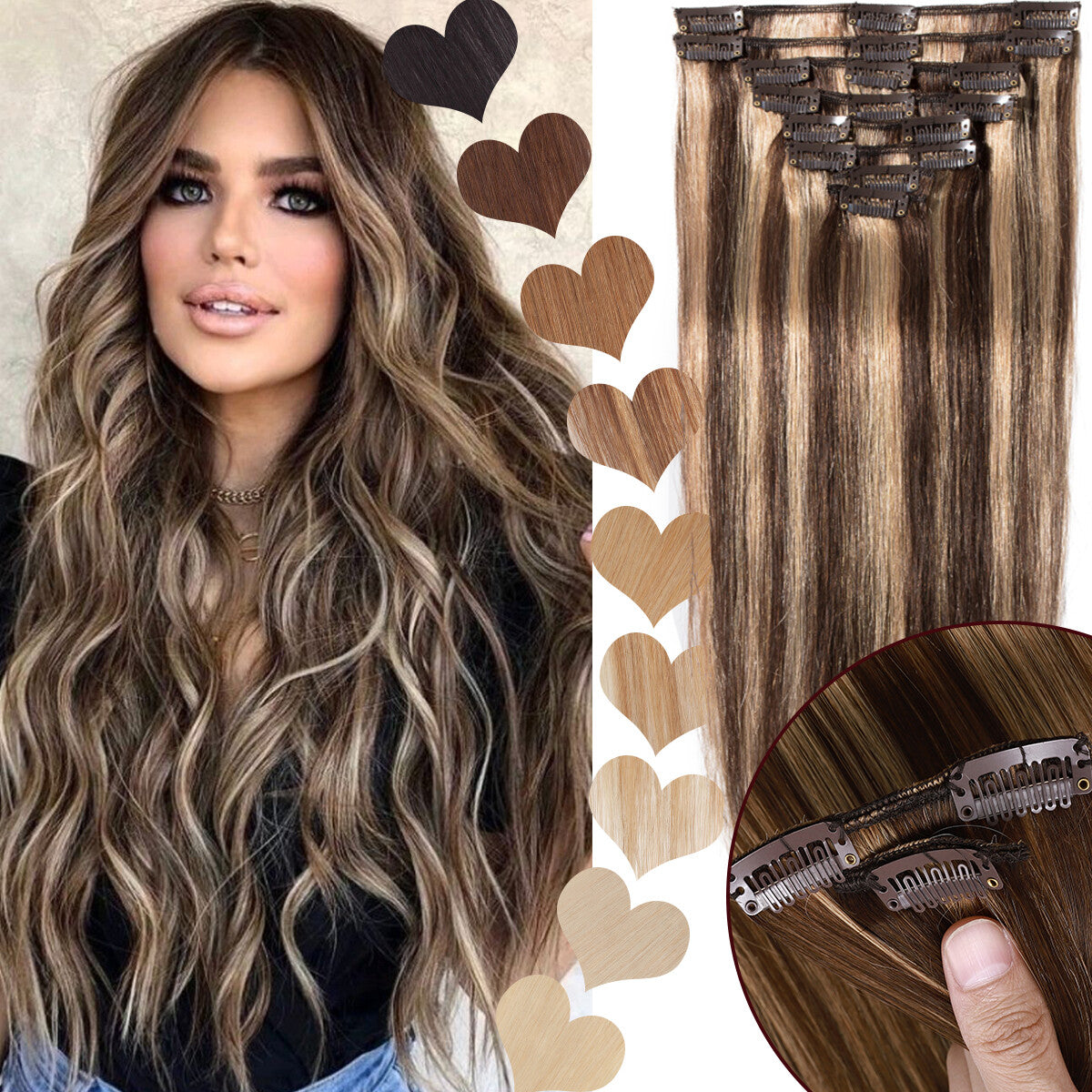 Human Hair Extensions Clip-In Full Head Set - Remy Real Hair, Multiple Lengths & Colors