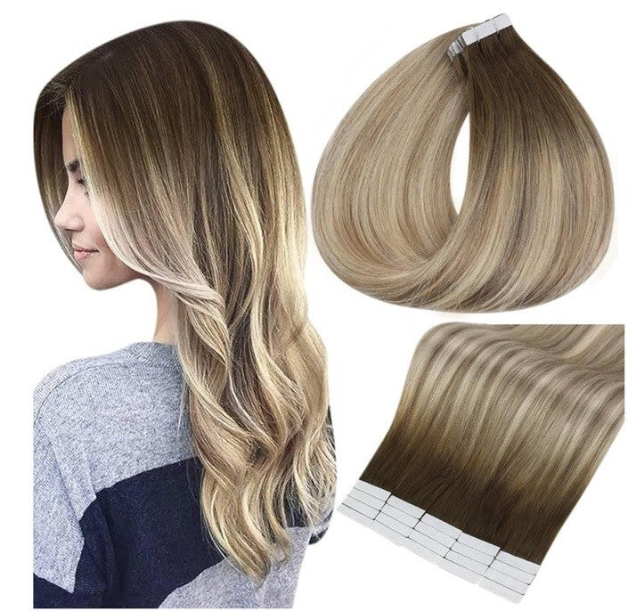 16 Inch Tape-in Hair Extensions - Human Hair Balayage Dark Brown to Blonde
