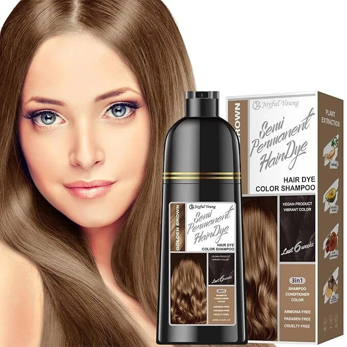 Golden Brown 3-in-1 Hair Dye Shampoo for Gray Coverage - Ammonia-Free, Fast Color