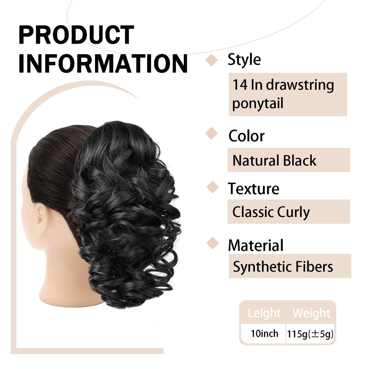 14-Inch Curly Synthetic Ponytail Extension with Drawstring and Clips - Black