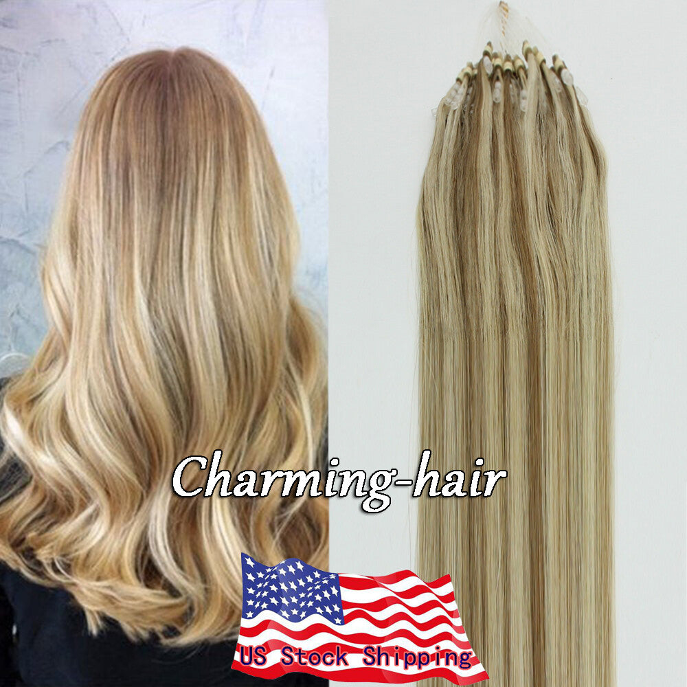 Micro Ring Loop Beads Hair Extensions - 100% Remy Human Hair, Straight, Multiple Lengths & Colors