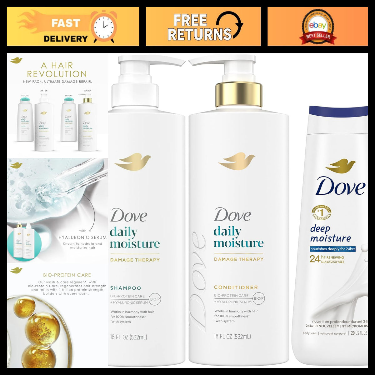 Daily Moisture Shampoo & Conditioner Set with Deep Hydration Body Wash - 3 Pieces