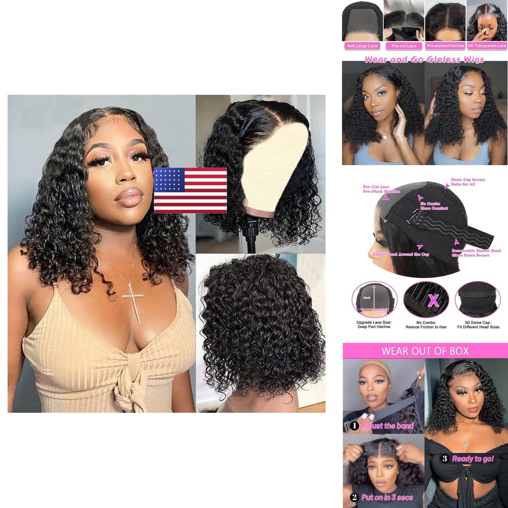 Glueless Human Hair Curly Bob Wig Deep Wave Pre Plucked Pre Cut 4x4 Closure