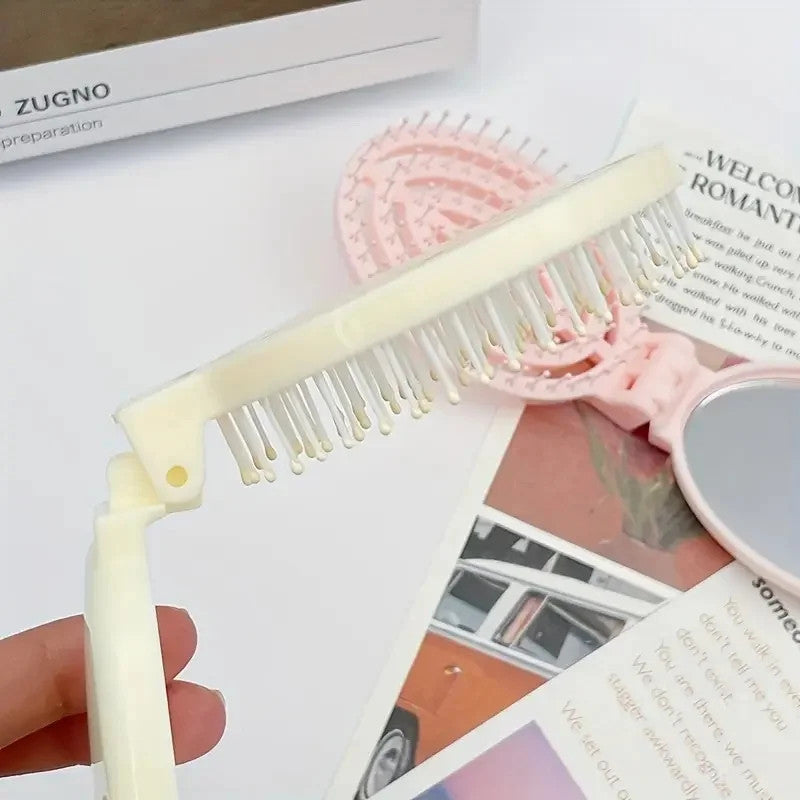 Portable Folding Hair Brush Comb with Mirror - Travel Friendly and Lightweight
