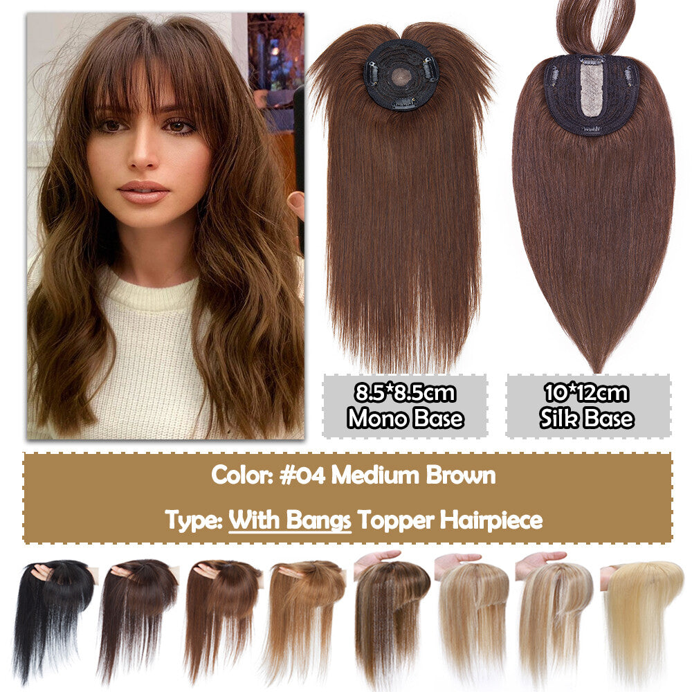 Human Hair Topper with Bangs Clip-In Remy Hairpiece for Thinning Hair