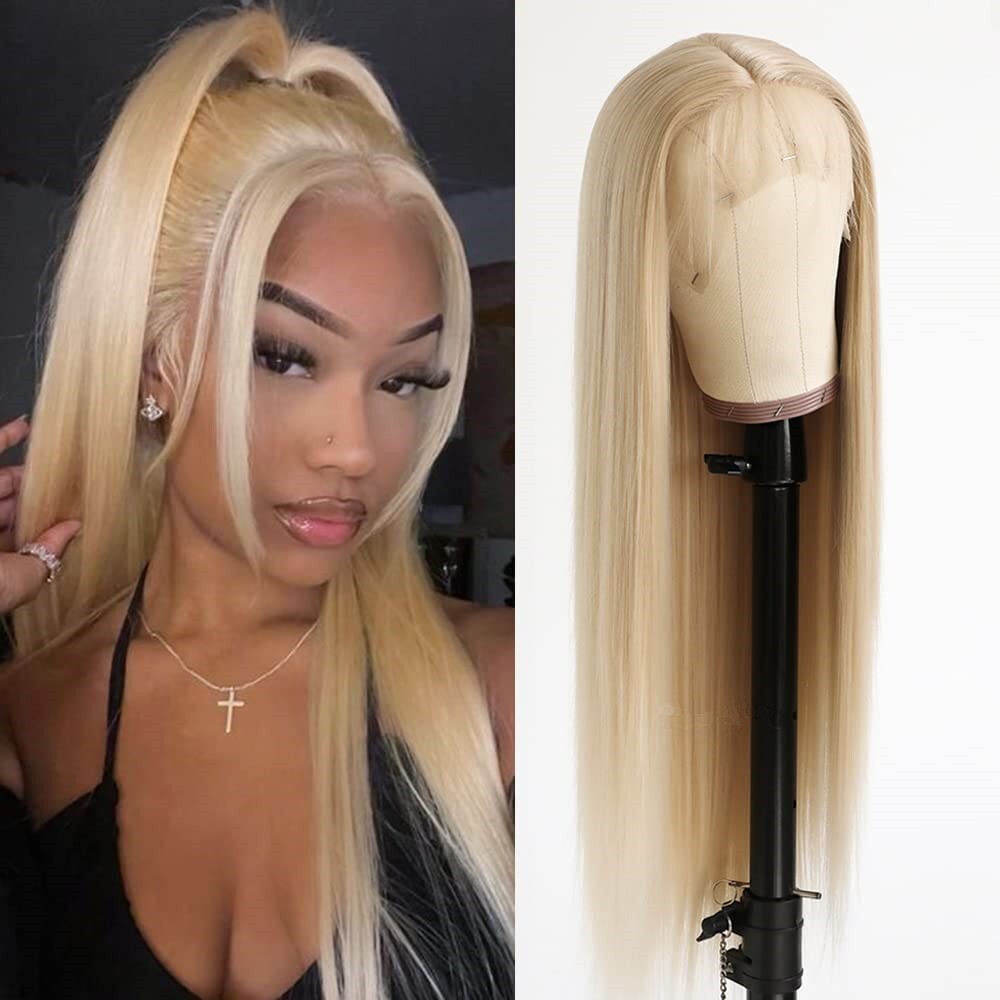 Women Blonde Lace Front Synthetic Wig Heat Safe Straight Hair - High Density