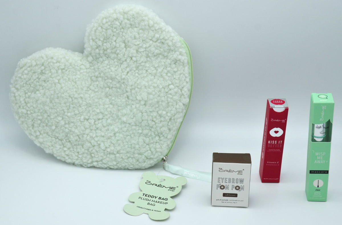 Makeup Bag with Lip Balm Mascara and Eyebrow Pomade - Plush Heart Design