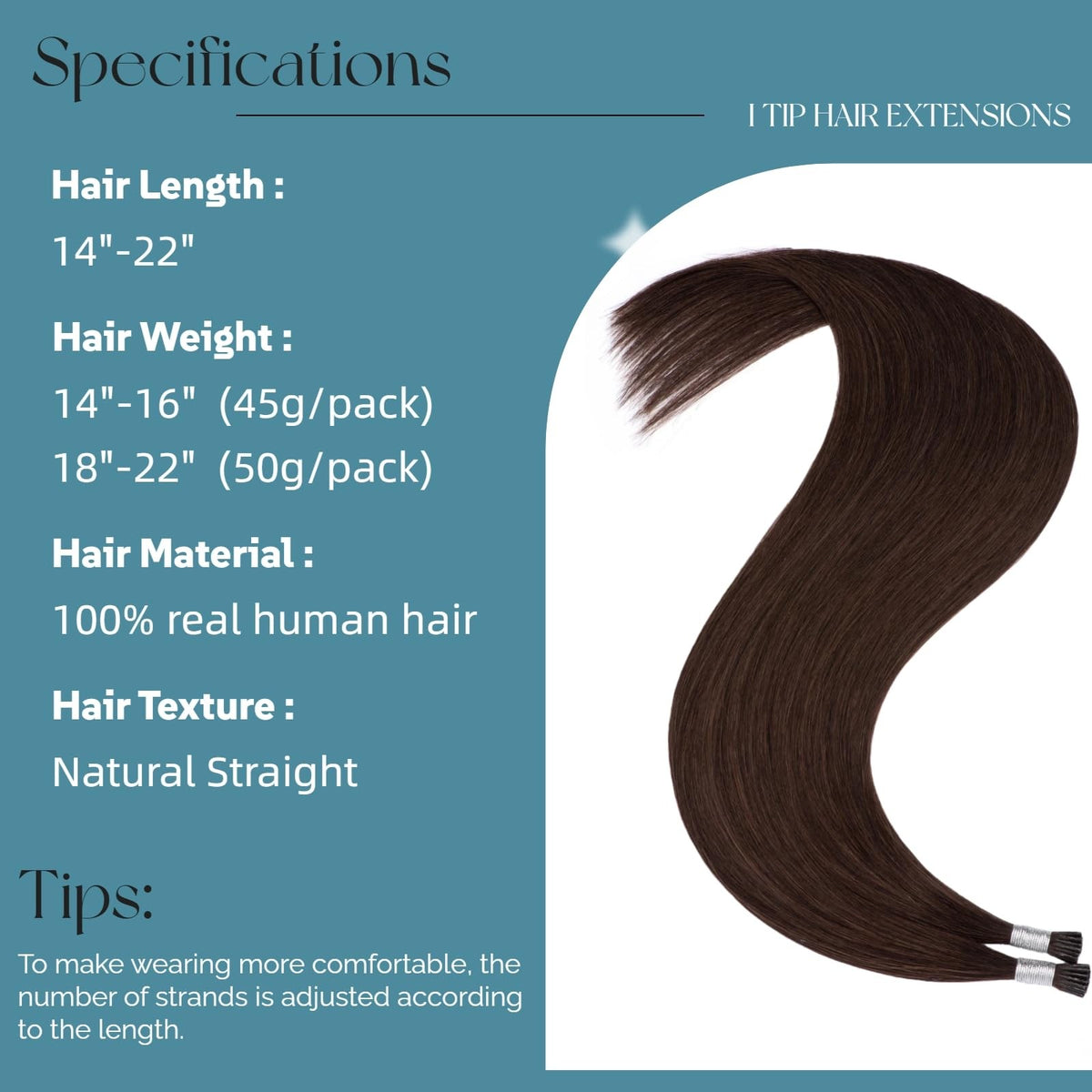 Human Hair Extensions 20 Inch Dark Brown Pre Bonded I Tip Hairpiece
