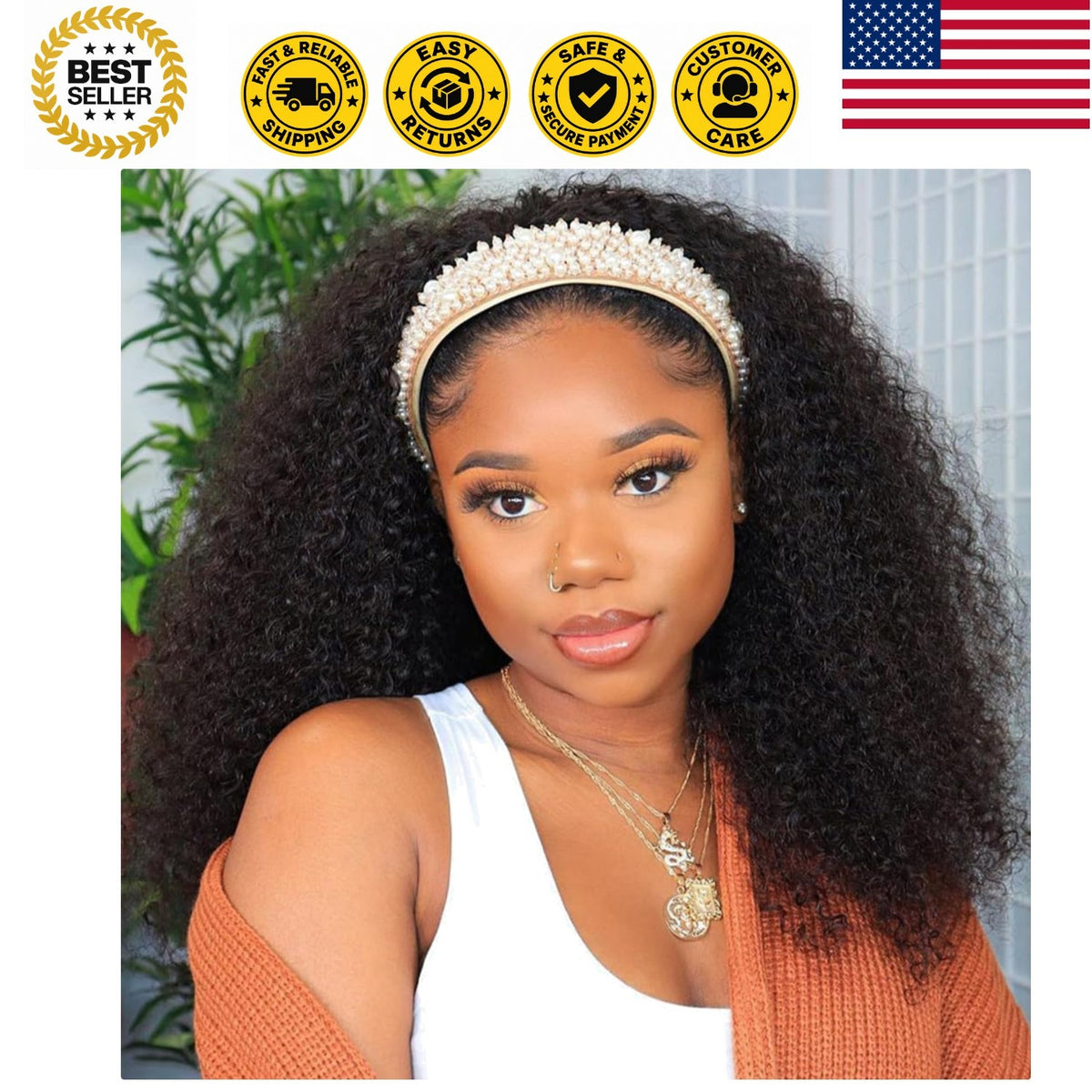 Human Hair Kinky Curly Headband Wig 18 Inch Natural Color for Black Women