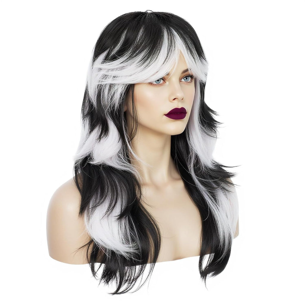Long Black and White Gradient Wavy Wigs for Cosplay and Halloween