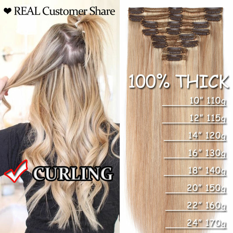 Double Drawn Human Hair Extensions Full Head Clip-In Weft Set - Brown