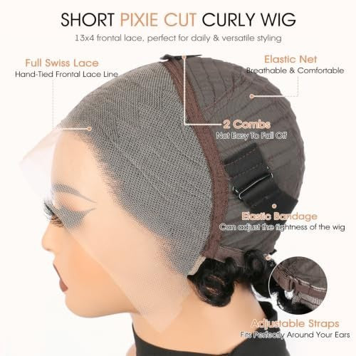 Short Curly Human Hair Wig with 13x4 Lace Front for Women - Natural Black