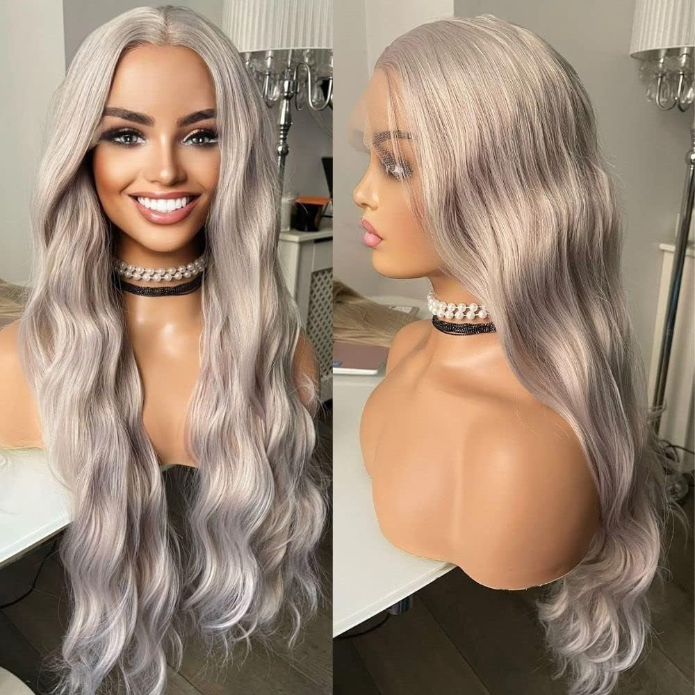 Long Wavy Silver Grey Synthetic Lace Front Wig for Women - Heat Resistant, Pre-Styled