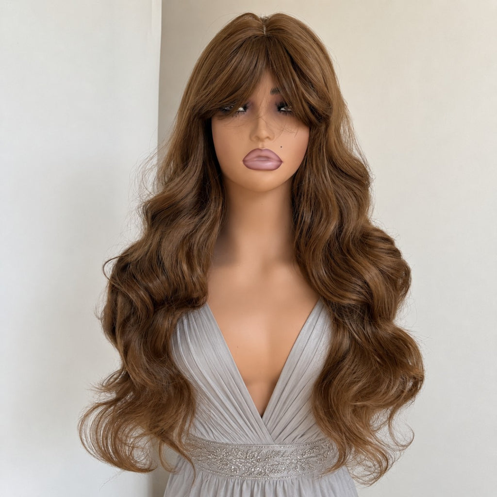Medium Brown Long Wavy Synthetic Wig with Bangs for Cosplay & Party