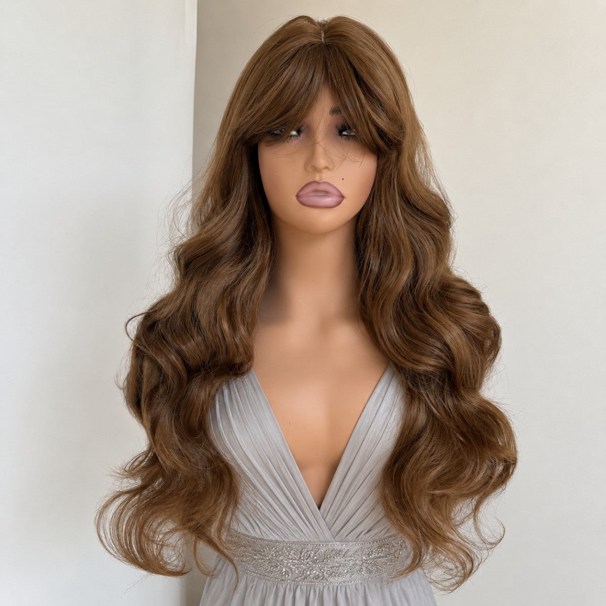 Medium Brown Long Wavy Synthetic Wig with Bangs for Cosplay & Party
