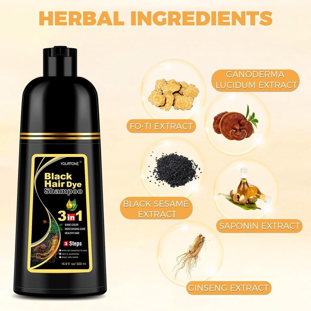 Black Hair Dye Shampoo 3-in-1 for Gray Coverage, Hair Color & Conditioner