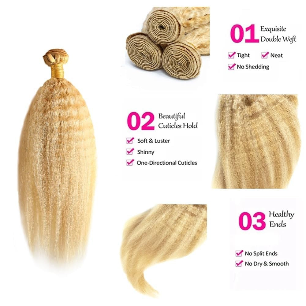 Blonde Human Hair Bundles 26 28 30 Inch Yaki Wave 100% Virgin, Unprocessed