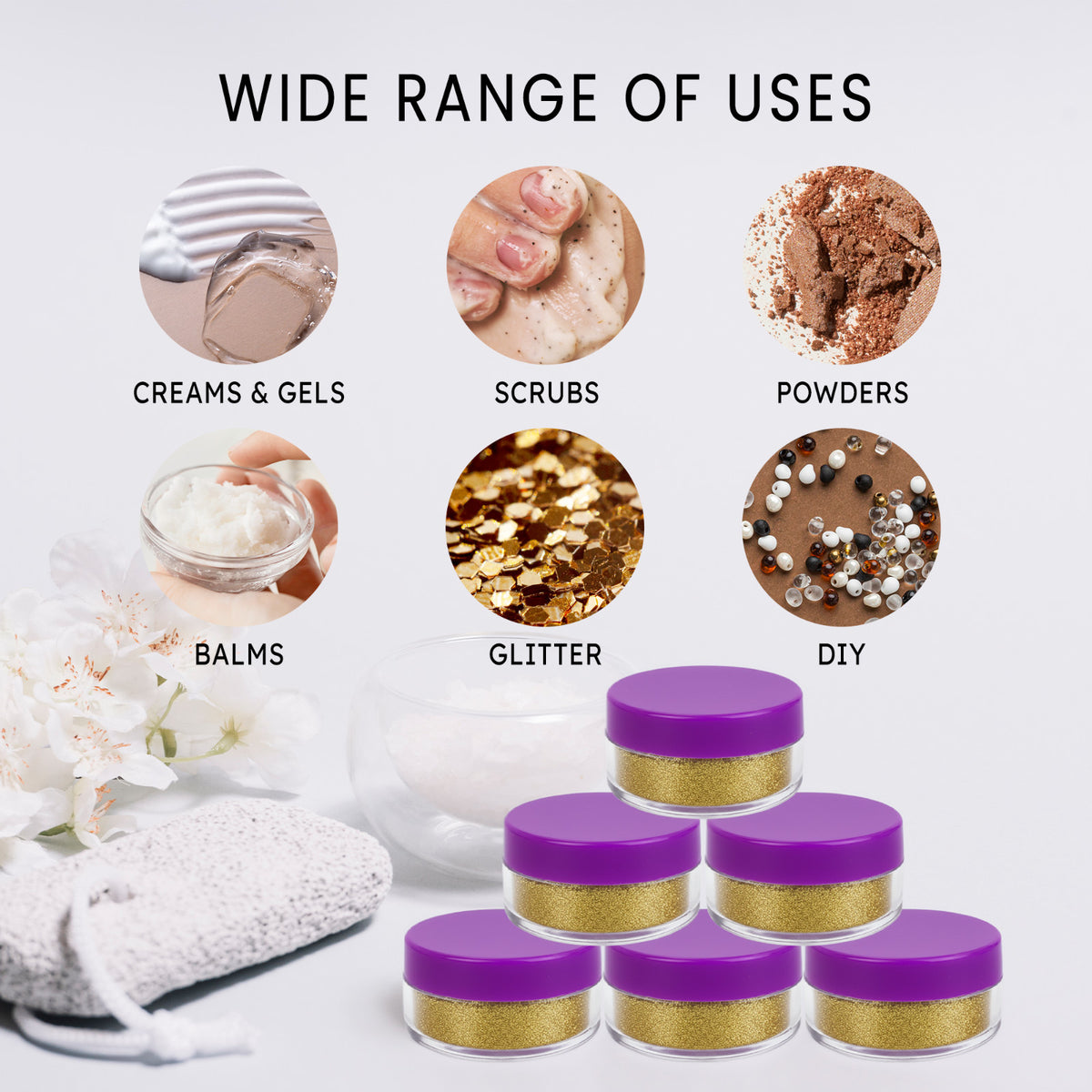 100Pcs 10g/10ml Round Clear Cosmetic Sample Jars with Purple Lids