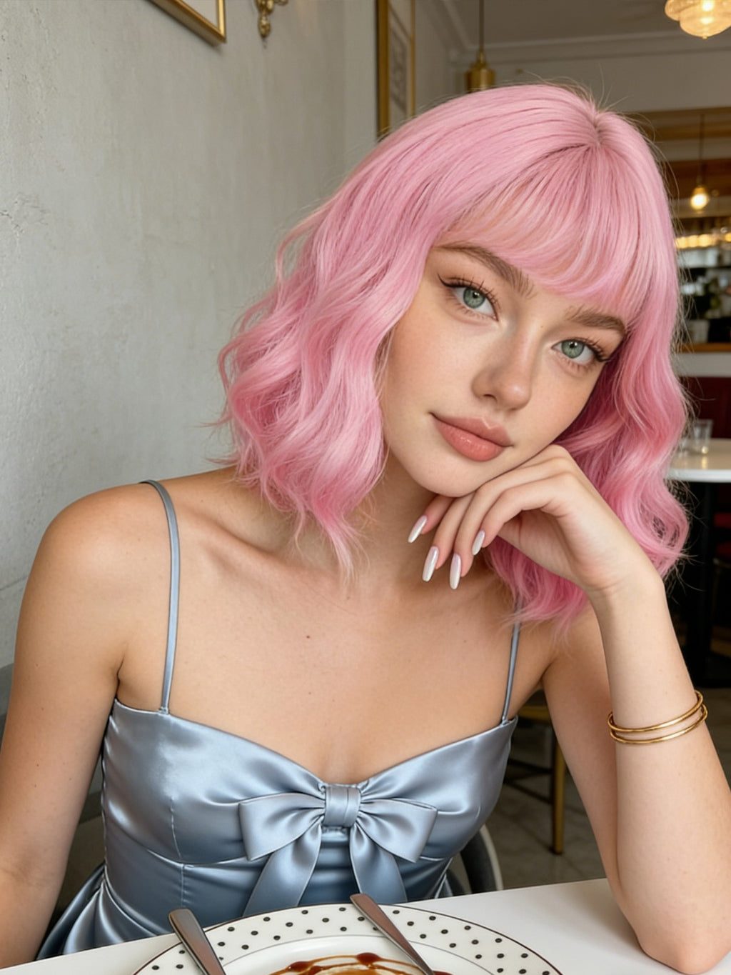 Pink Short Wavy Bob Wig with Flat Bangs - Synthetic Costume Hair for Women