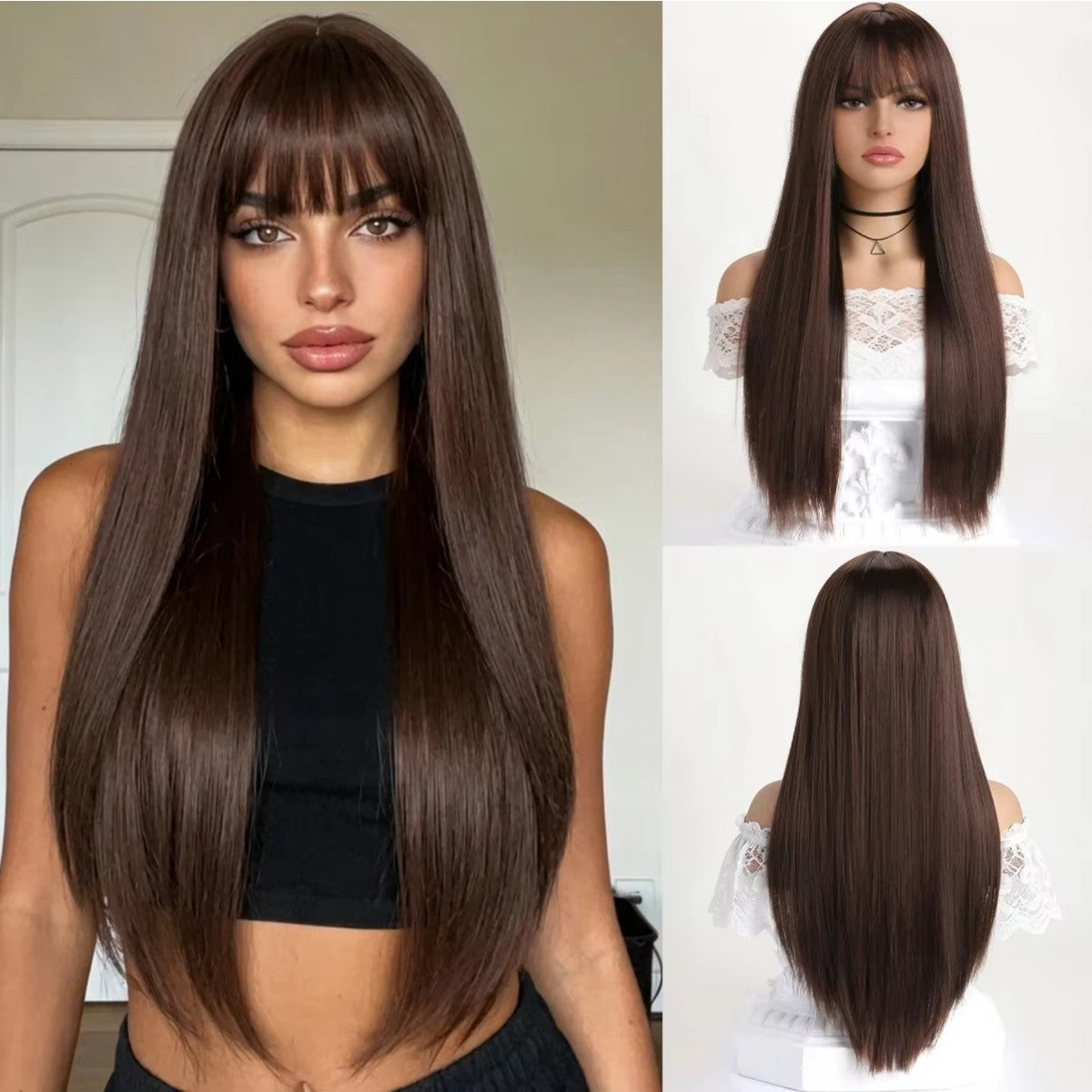 Dark Brown Long Straight Synthetic Wig with Bangs - Beginner Friendly Cosplay Hair