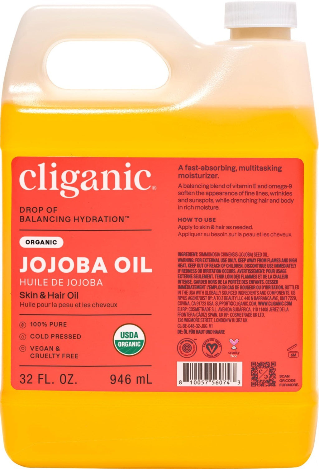 Organic Jojoba Oil for Face & Hair - 32oz Natural Moisturizer
