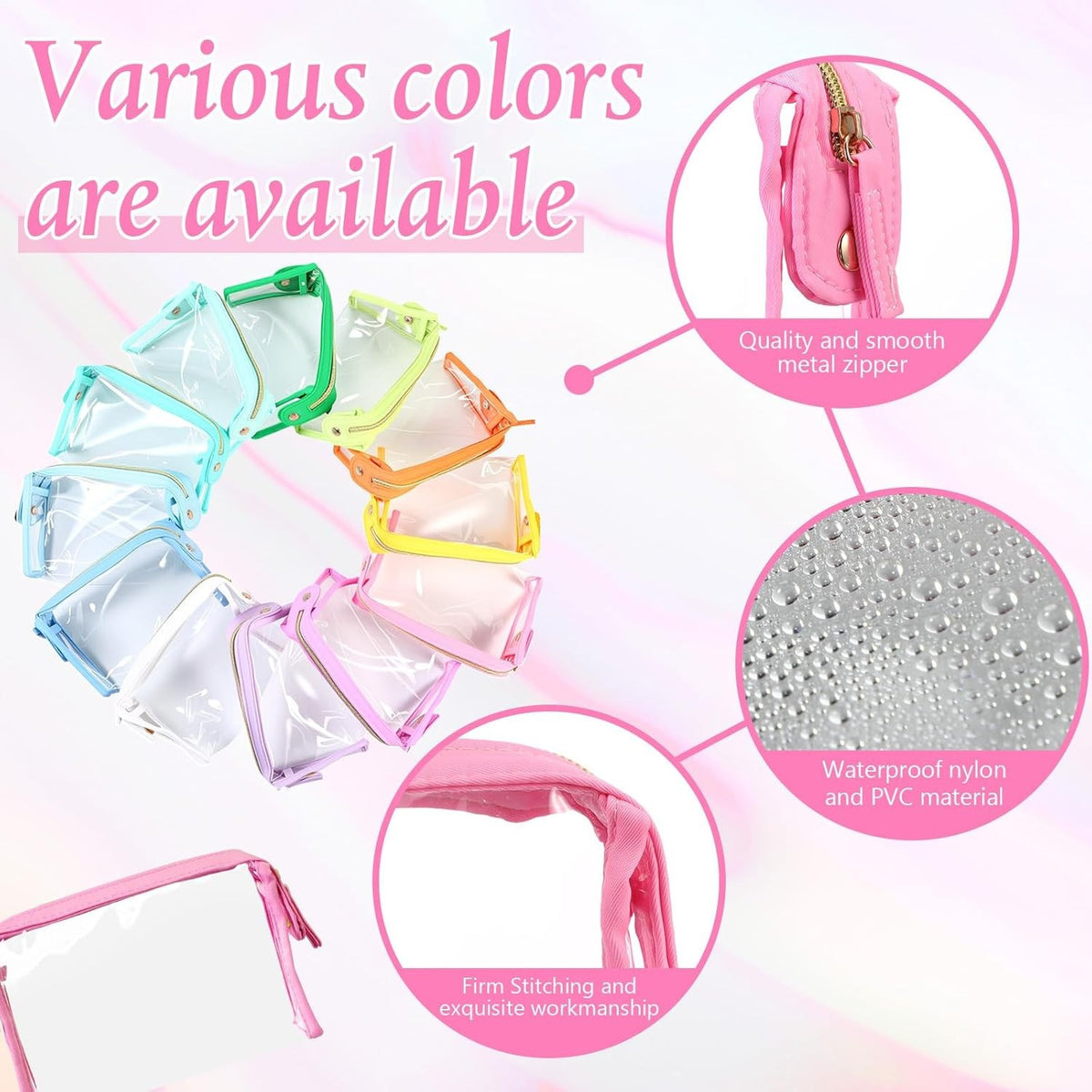 12 Pack Clear Waterproof Travel Toiletry Bags Organizer Assorted Colors