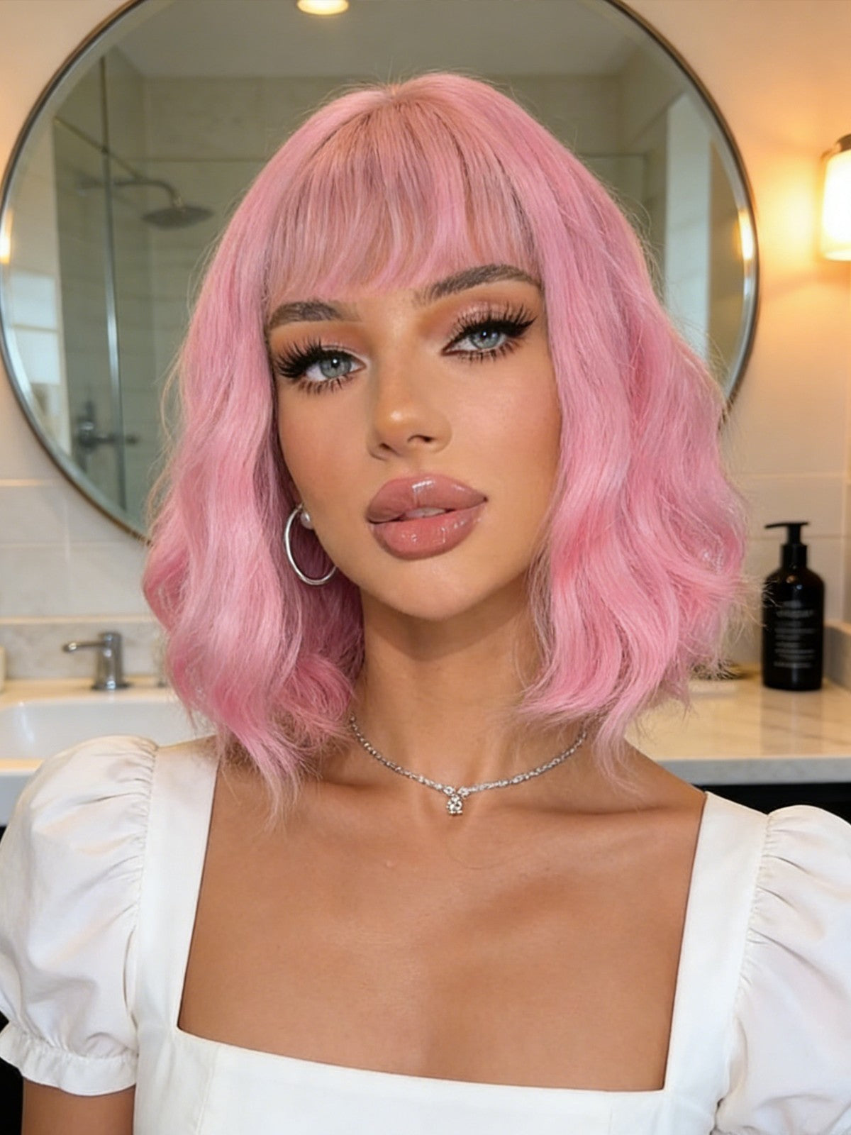 Pink Short Wavy Bob Wig with Flat Bangs - Synthetic Costume Hair for Women