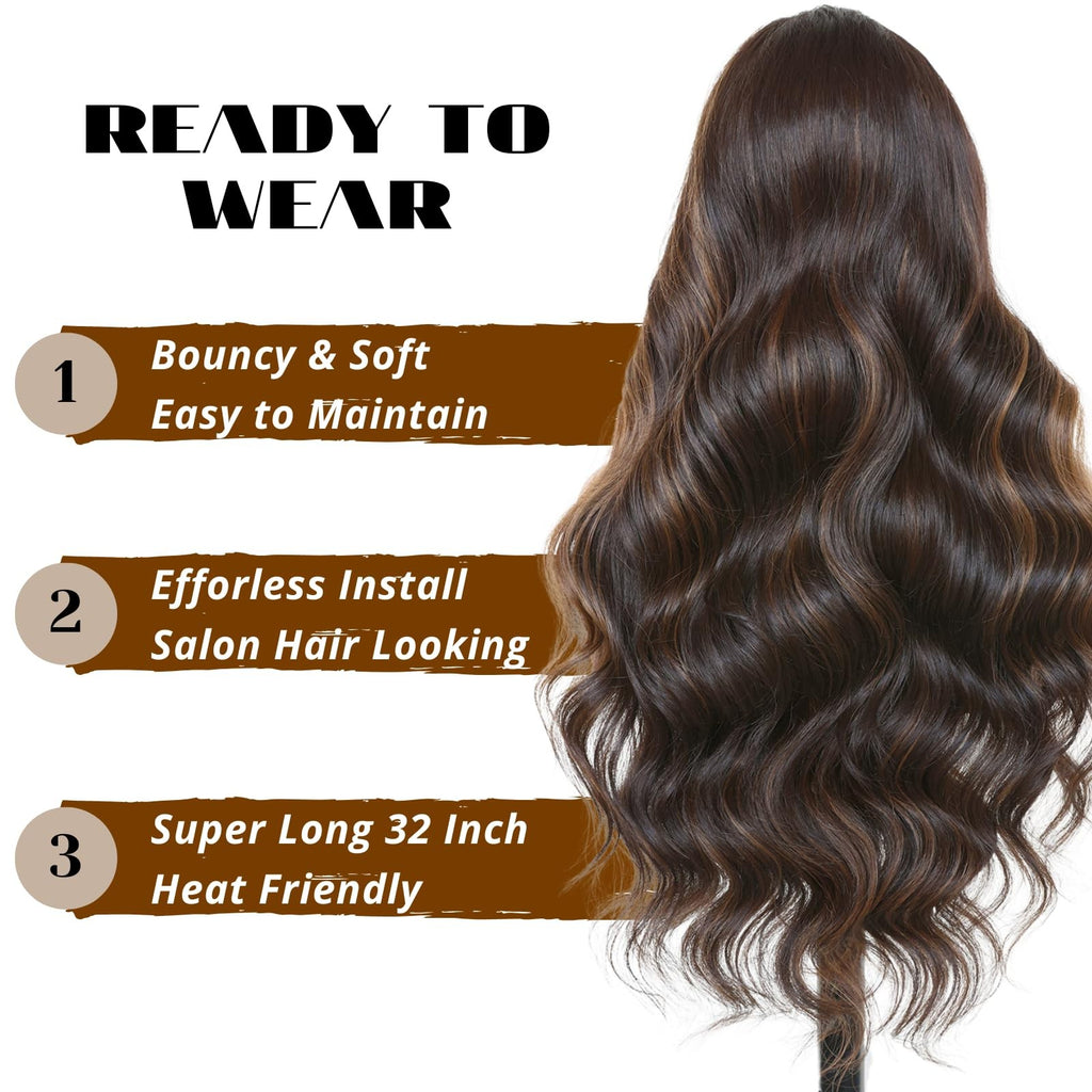 28 Inch Body Wave Lace Front Wig with Balayage Highlights - HD Lace, Pre-Plucked, Heat-Resistant Synthetic Wig