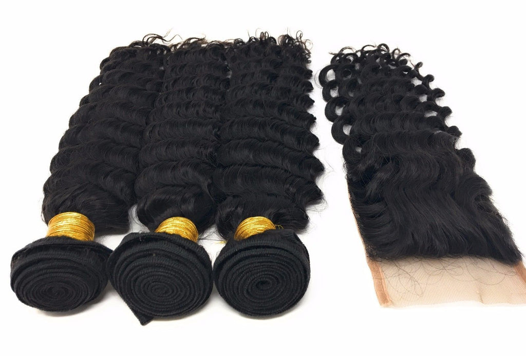 Virgin Human Hair Extensions 3 Bundles with Free Part Lace Closure Deep Wave
