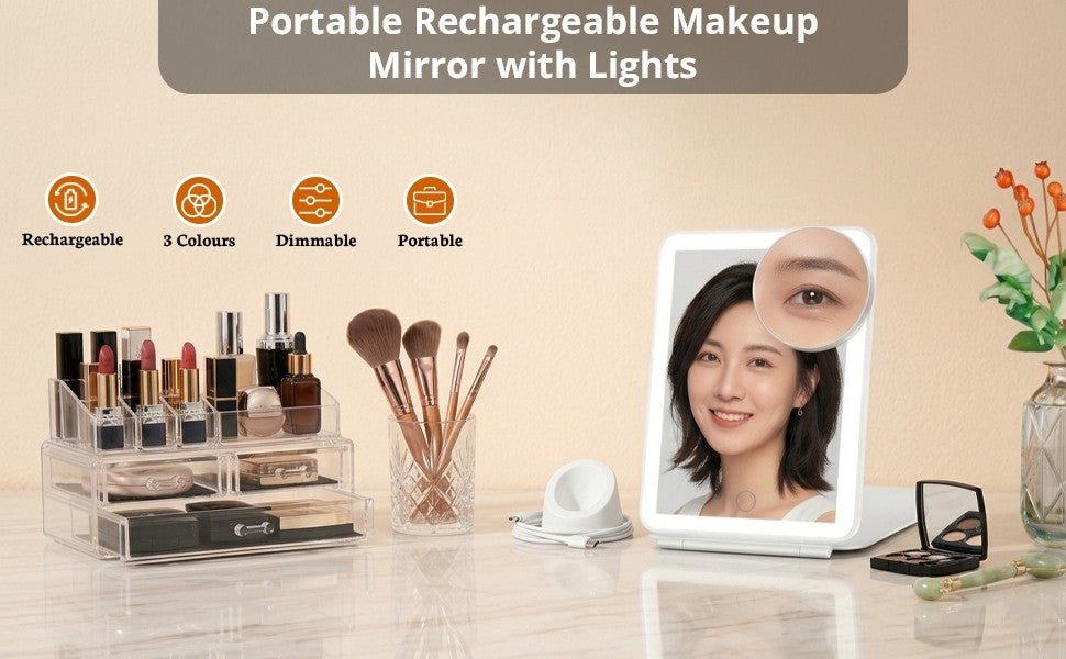 Rechargeable Travel Makeup Mirror with Lights, 10x Magnifier, 72 LEDs, 3 Color Modes
