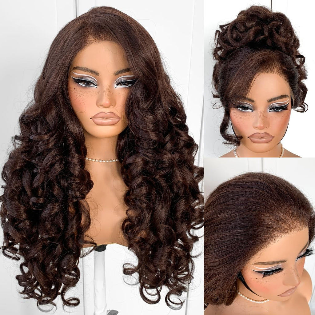 Glueless Lace Wig 13x6 Brown Yaki Body Wave Pre-Plucked Synthetic Hair
