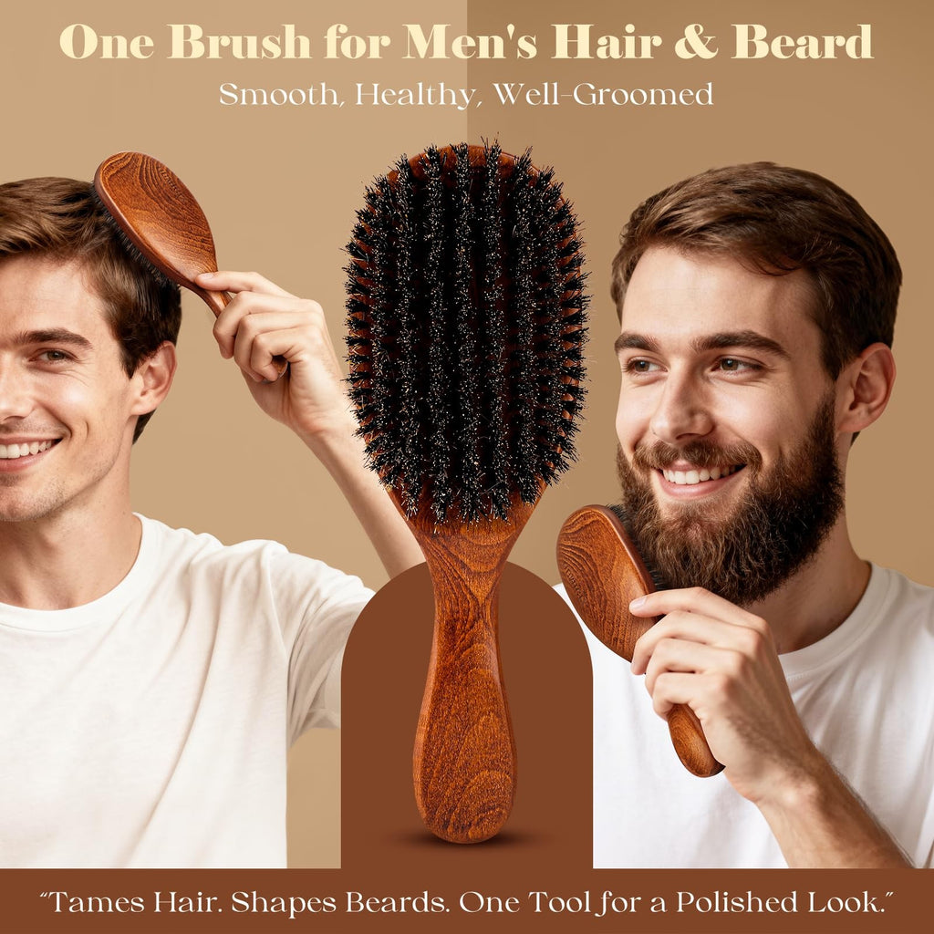 Large Wooden Boar Bristle Hair Brush for Men & Women - Natural Detangler & Styler