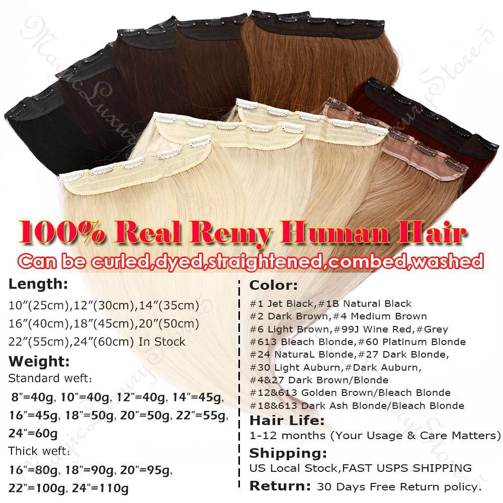 U Shape Full Head Remy Human Hair Extensions - One Piece Clip-In Weft