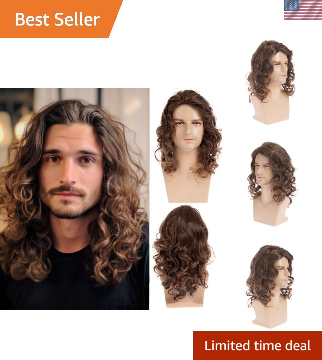 Brown Curly Synthetic Wig for Men - 17-Inch Party & Everyday Use