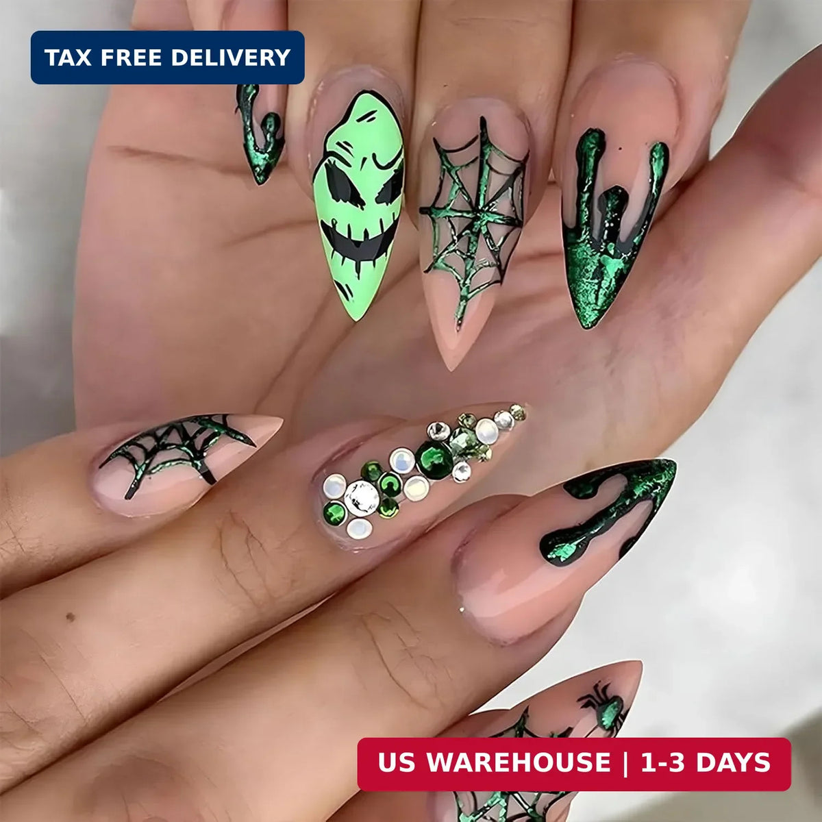 Halloween Press On Nails Medium Almond Nude with Green Spider Web - 24 Pack
