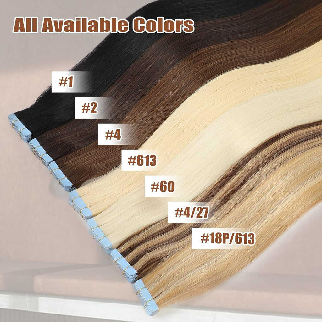 Invisible Tape Hair Extensions - Human Hair Tape-In Wefts, Reusable, Natural Remy Hair