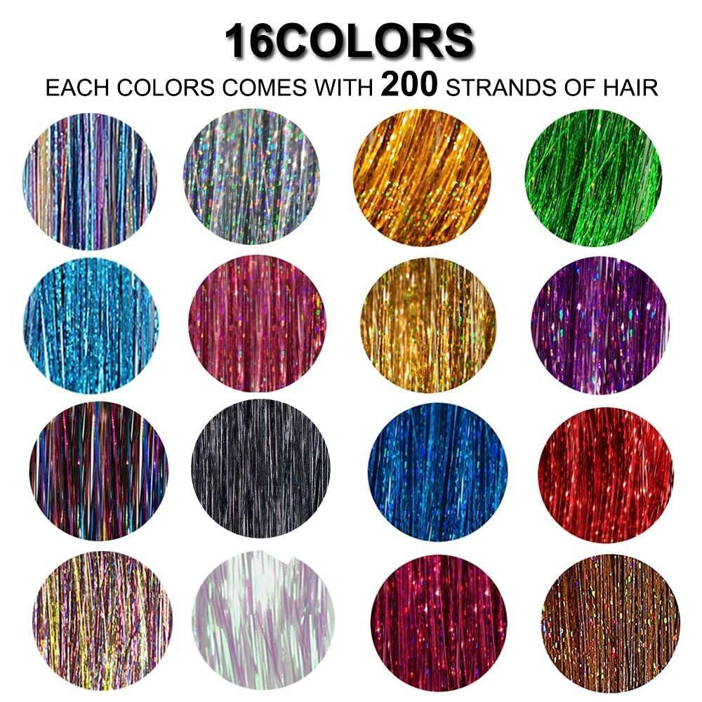 16-Color Hair Tinsel Kit with Tools - Glitter Hair Extensions & Accessories