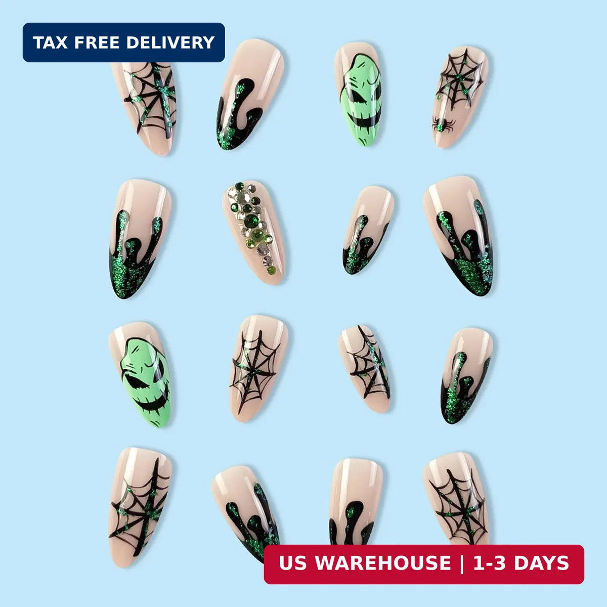 Halloween Press On Nails Medium Almond Nude with Green Spider Web - 24 Pack