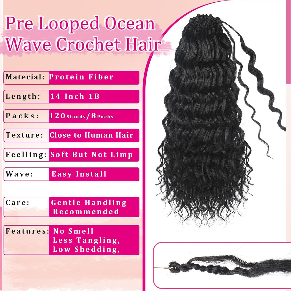 14 Inch Pre-Looped Ocean Wave Crochet Braids - Natural Look, 8 Packs