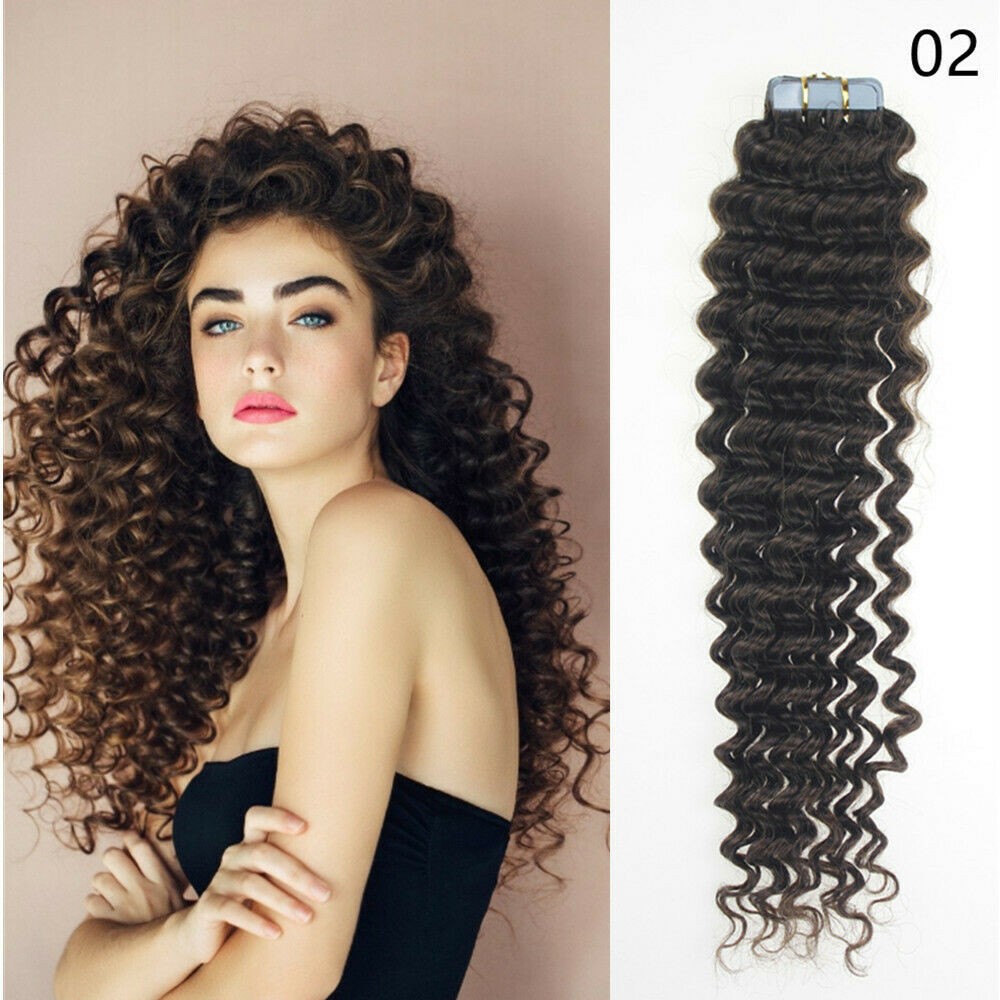 Remy Human Hair Extensions Seamless Tape-In Wefts 18 Inch Curly & Straight