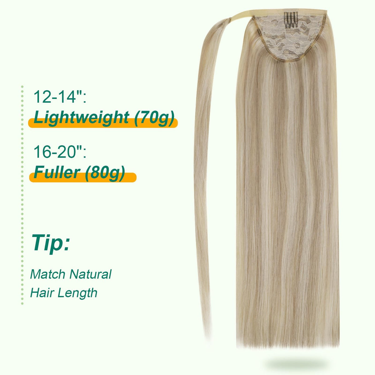 12-Inch Golden Blonde Human Hair Ponytail Extension - Easy Application