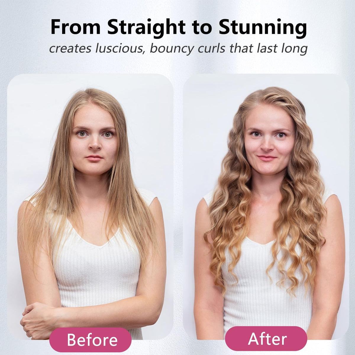 1 Inch Curling Wand for Long Hair, Extra Long Ceramic Barrel, Dual Voltage Pink & Black