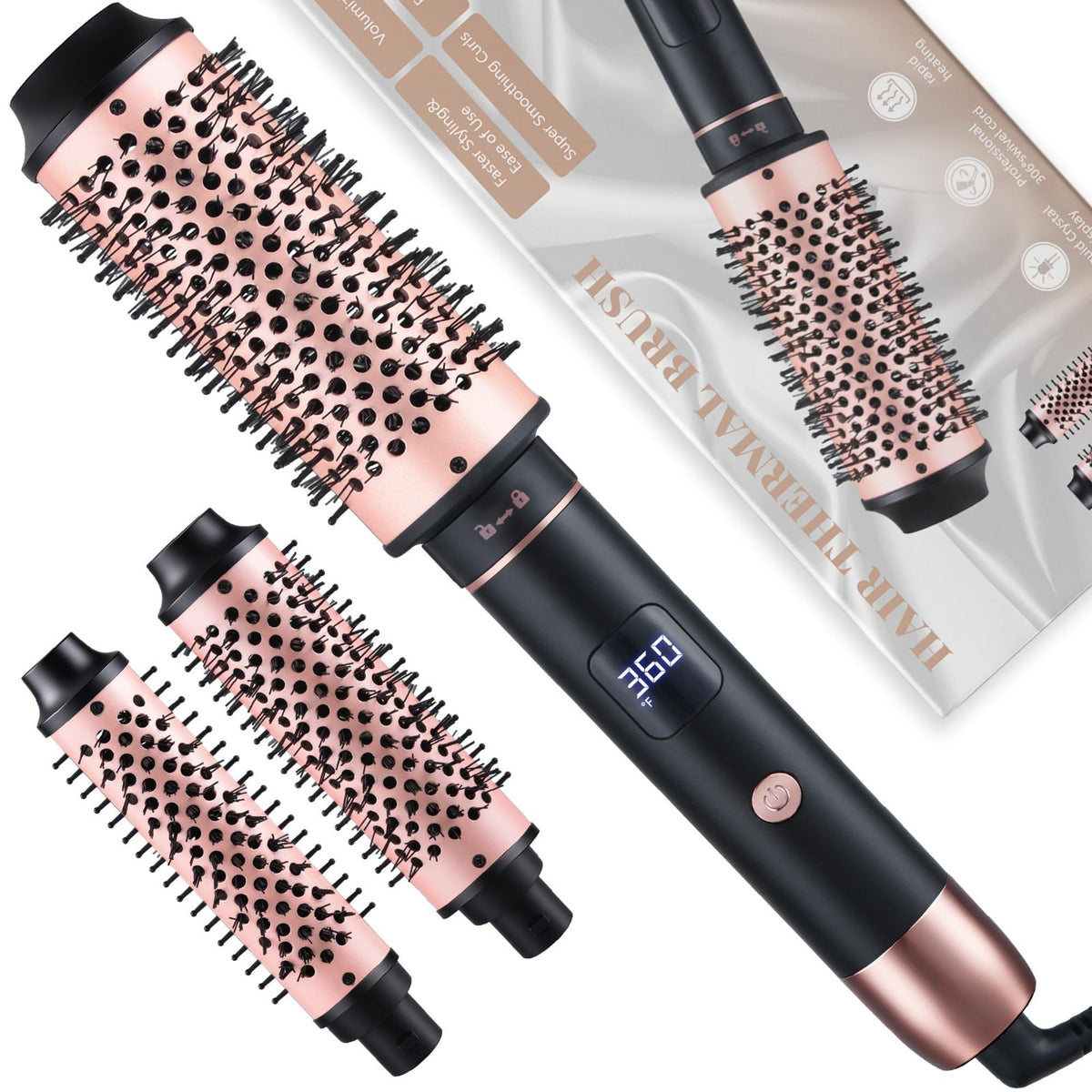 3-in-1 Interchangeable Heated Hair Curling Brush Set - 1.25, 1.5, 1.75 Inch