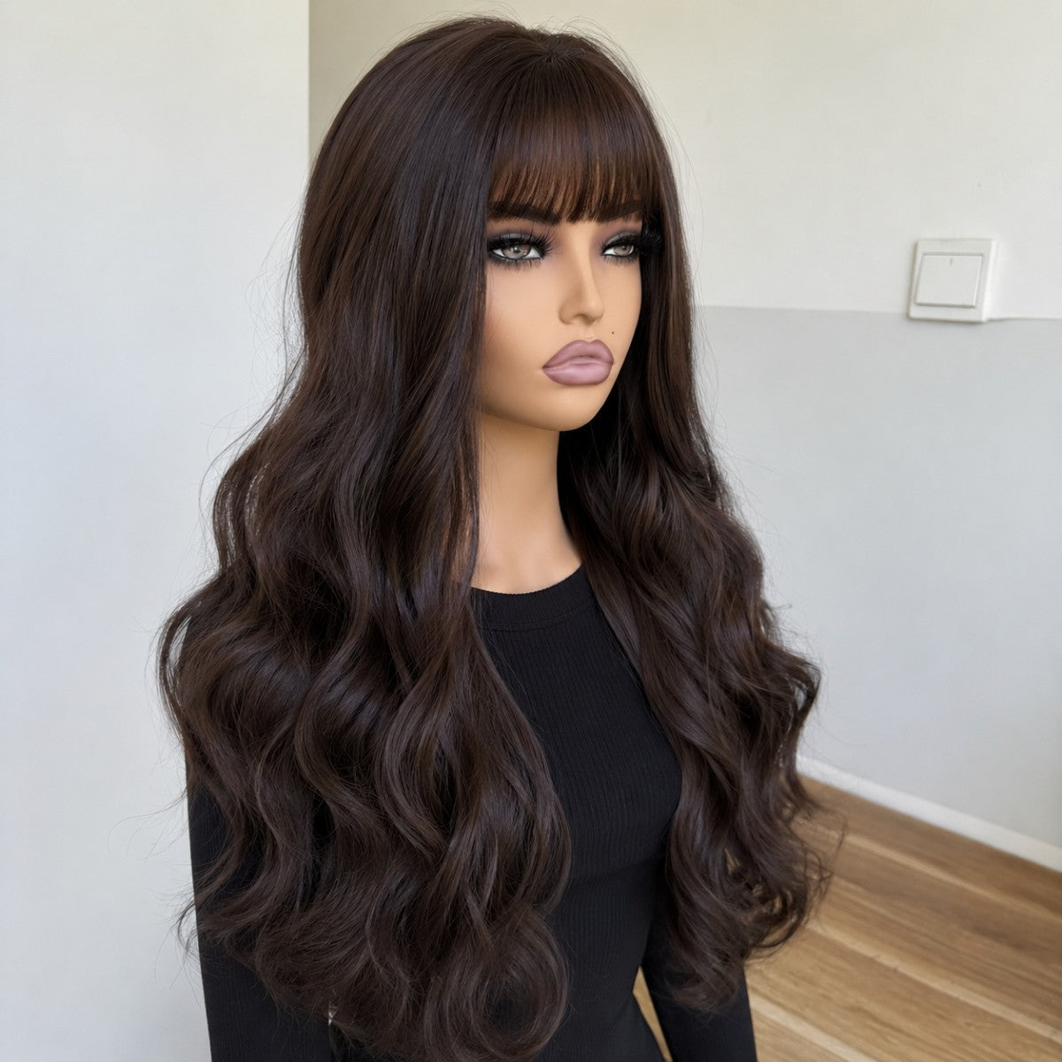 Dark Brown Long Wavy Heat-Resistant Cosplay Wig with Bangs