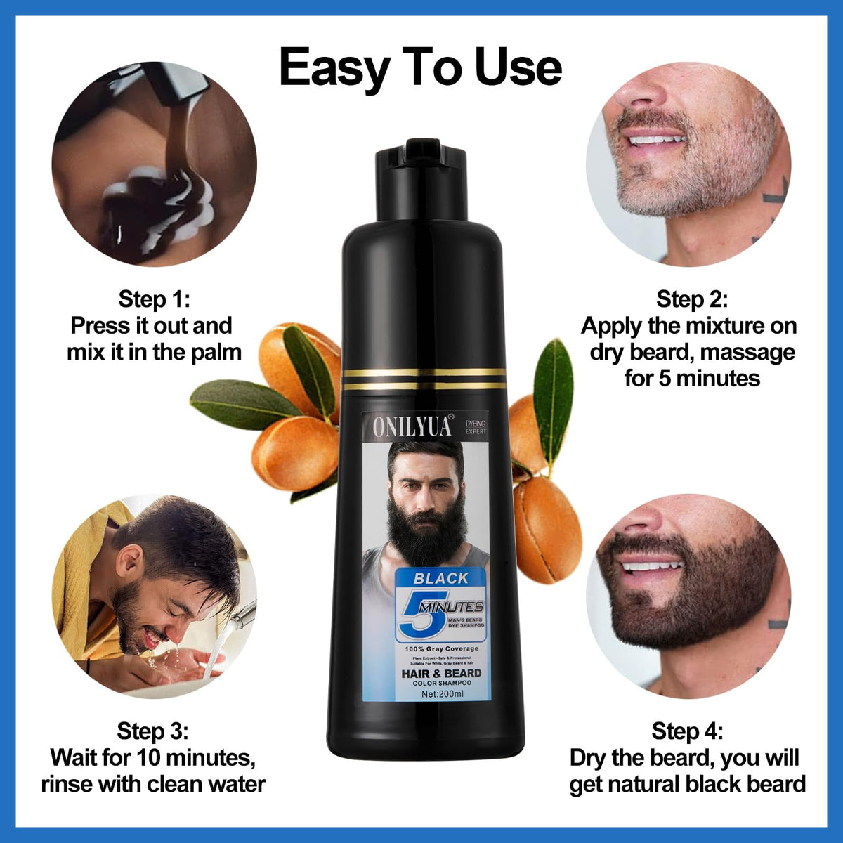 Men's Black Beard & Hair Dye for Gray Coverage, 3-in-1 Beard Shampoo, Long-Lasting, 200ML