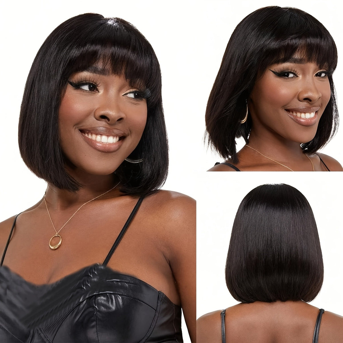 12-Inch Short Black Straight Wig with Bangs for Women - High Temp Fiber